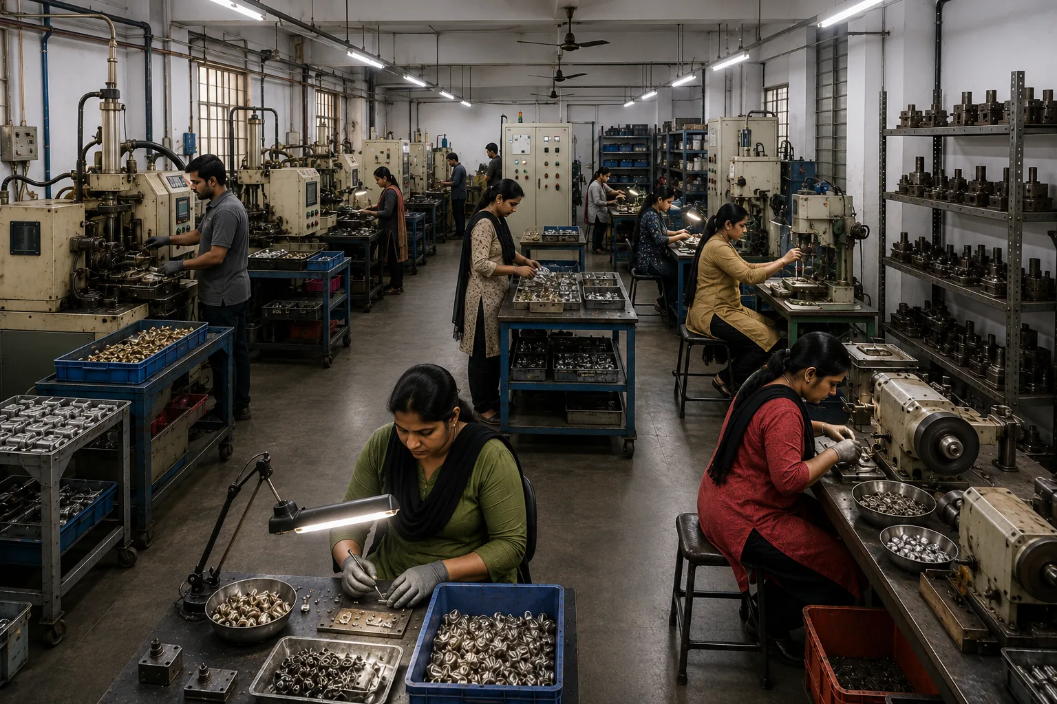 IA Fastners production floor with multiple manufacturing machines and workers operating equipment